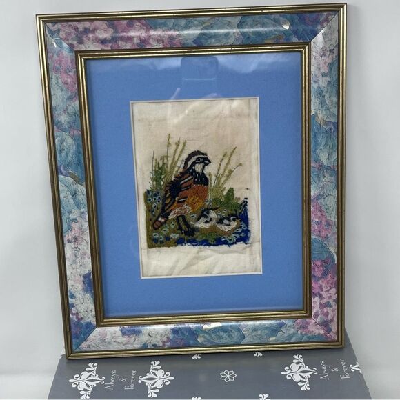 1973 Creative Crewel Mini Quails Erica Wilson  Columbia Minerva Framed Matted - Picture 1 of 7